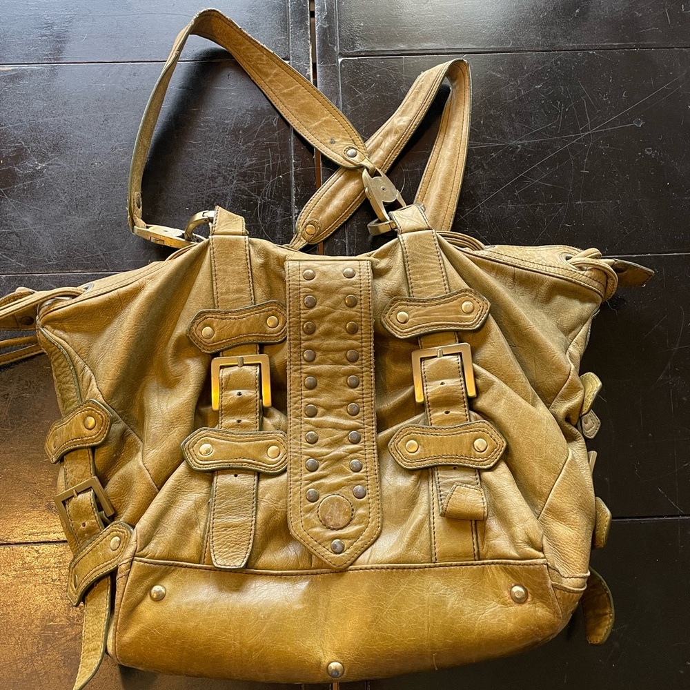 Olive Green Sabina Leather Bag with Brass Buckle Accents